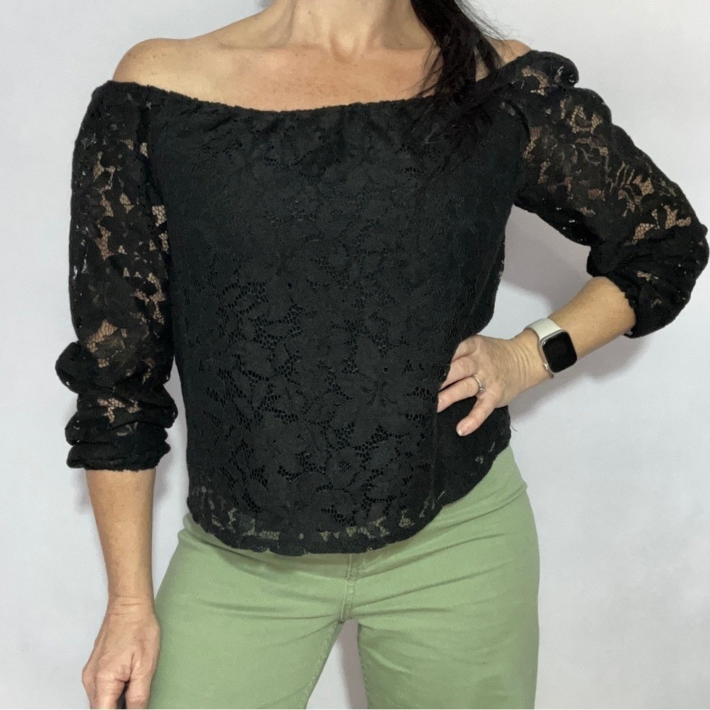Hollister‎ Lace Black Y2K Style Blouse Top Off Shoulder XS Baby Doll